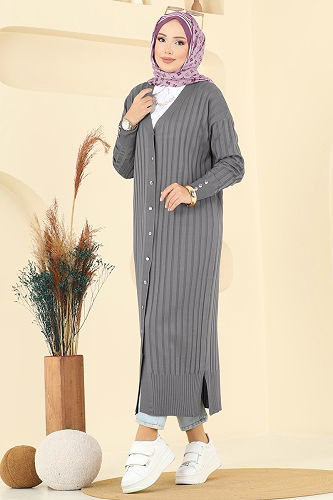 moda selvim Önden Düğmeli Merserize Hırka 3257BRZ597 Gri - Thumbnail