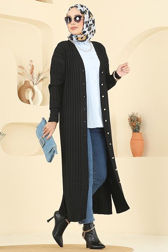 moda selvim Önden Düğmeli Merserize Hırka 3257BRZ597 Siyah - Thumbnail