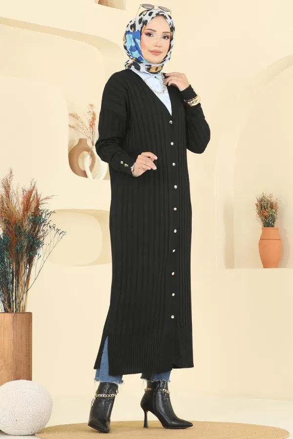 Modaselvim Hırka/Yelek Önden Düğmeli Merserize Hırka 3257BRZ597 Siyah