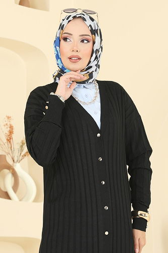 moda selvim Önden Düğmeli Merserize Hırka 3257BRZ597 Siyah - Thumbnail