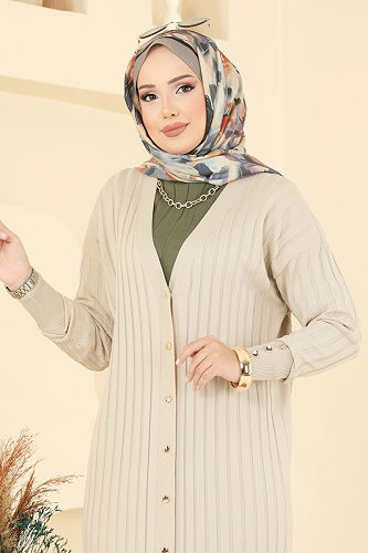 moda selvim Önden Düğmeli Merserize Hırka 3257BRZ597 Taş - Thumbnail