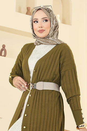 moda selvim Önden Düğmeli Merserize Hırka 3257BRZ597 Yağ Yeşili - Thumbnail