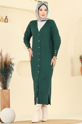 moda selvim Önden Düğmeli Merserize Hırka 3257BRZ597 Zümrüt - Thumbnail