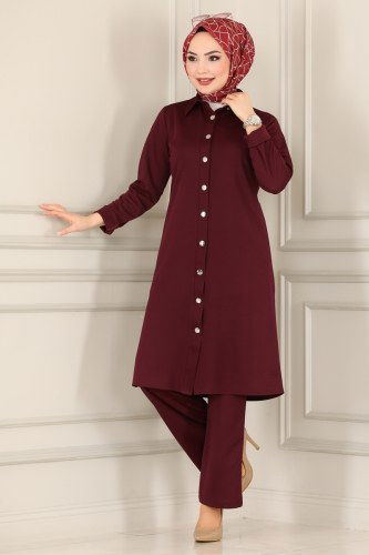 moda selvim Önden Düğmeli Mira Takım 1514UKB139 Bordo - Thumbnail