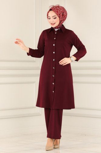 moda selvim Önden Düğmeli Mira Takım 1514UKB139 Bordo - Thumbnail
