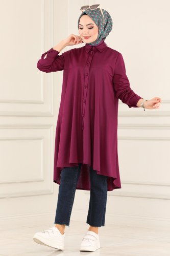 moda selvim Peplum Mira Tesettür Tunik 1526UKB139 Mürdüm - Thumbnail