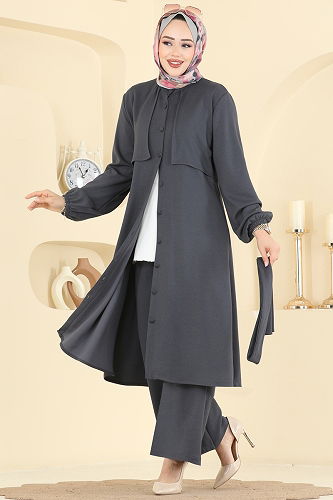 moda selvim Önden Düğmeli Modal Takım 322ASN888 Antrasit - Thumbnail