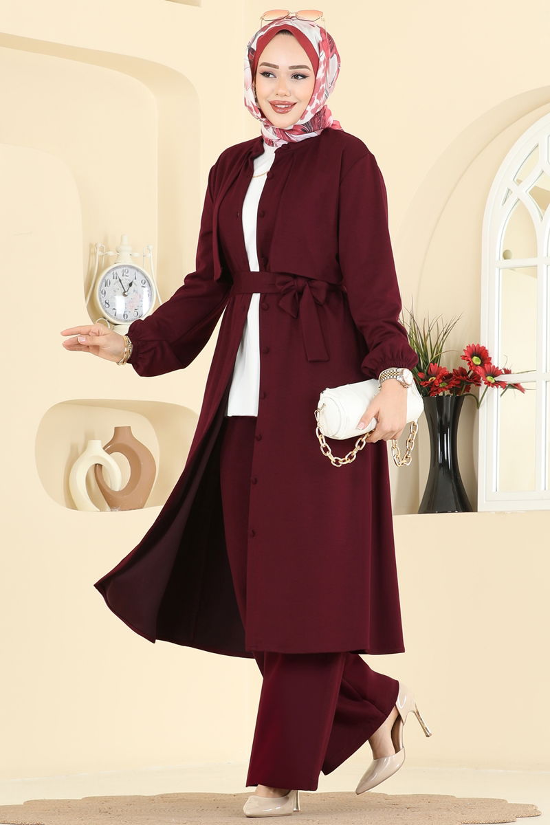 Önden Düğmeli Modal Takım 322ASN888 Bordo - Moda Selvim