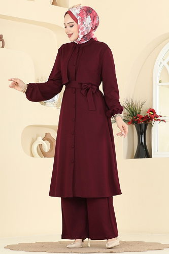 moda selvim Önden Düğmeli Modal Takım 322ASN888 Bordo - Thumbnail