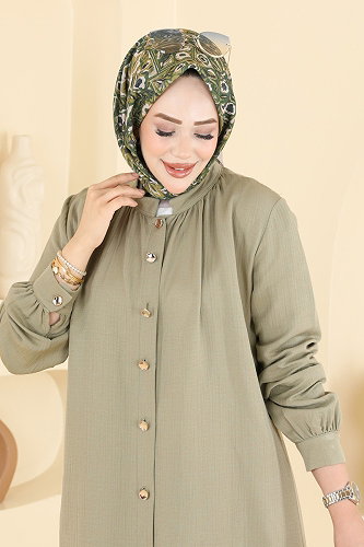 moda selvim Önden Düğmeli Müslin 2 li Takım 9253PLK541 Çağla - Thumbnail