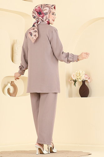 moda selvim Önden Düğmeli Müslin 2 li Takım 9253PLK541 Pudra Vizyon - Thumbnail