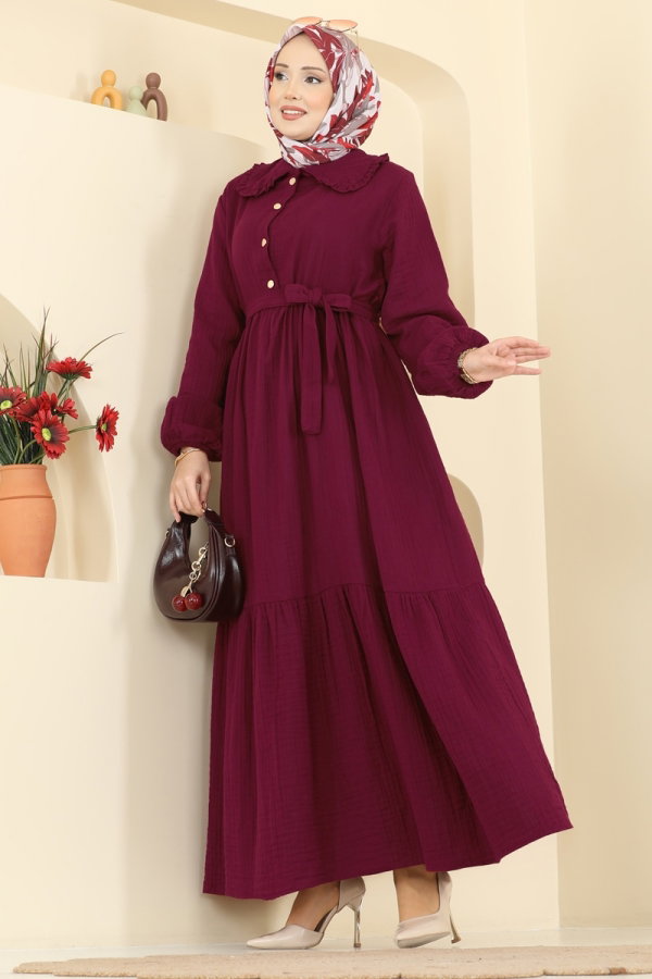 Modaselvim Elbise Önden Düğmeli Müslin Elbise 2610TPK1167 Bordo