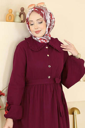 moda selvim Önden Düğmeli Müslin Elbise 2610TPK1167 Bordo - Thumbnail