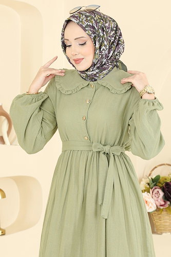 moda selvim Önden Düğmeli Müslin Elbise 2610TPK1167 Çağla - Thumbnail