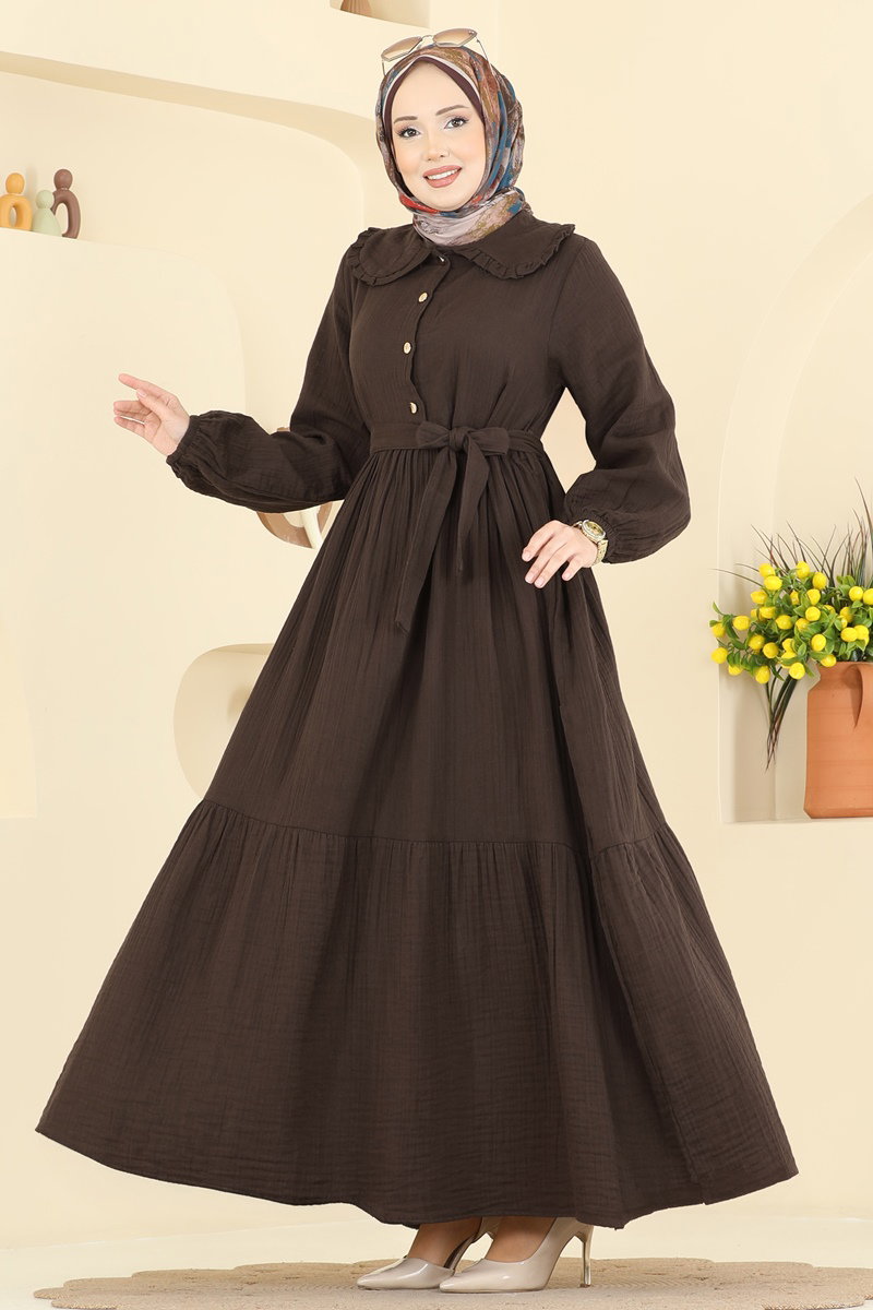 Önden Düğmeli Müslin Elbise 2610TPK1167 Kahve