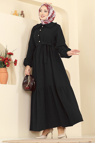 moda selvim Önden Düğmeli Müslin Elbise 2610TPK1167 Siyah - Thumbnail