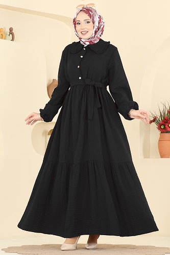 moda selvim Önden Düğmeli Müslin Elbise 2610TPK1167 Siyah - Thumbnail