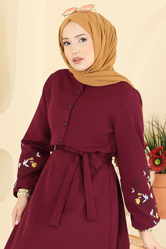 moda selvim Önden Düğmeli Nakışlı Elbise PL9220 Bordo - Thumbnail