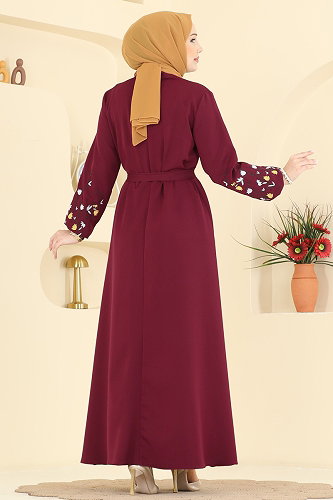 moda selvim Önden Düğmeli Nakışlı Elbise PL9220 Bordo - Thumbnail