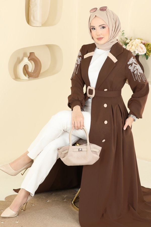 Modaselvim Ferace Önden Düğmeli Nakışlı Ferace 2862SL432 Kahve
