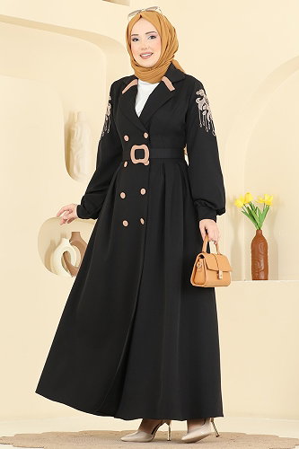 moda selvim Önden Düğmeli Nakışlı Ferace 2862SL432 Siyah - Thumbnail