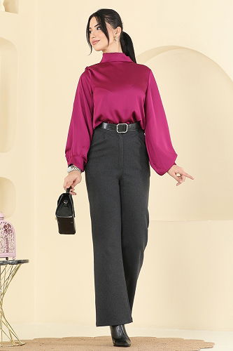 moda selvim Önden Düğmeli Palazzo Pantolon 4131PM271 Antrasit - Thumbnail