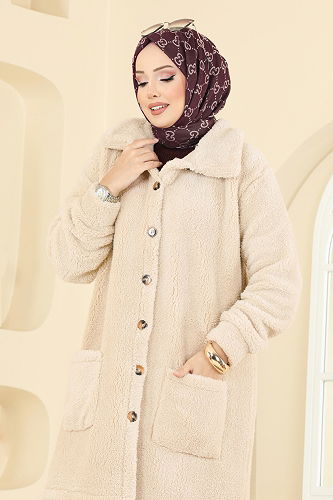 moda selvim Önden Düğmeli Peluş Kap 6053TEG847 Ekru - Thumbnail