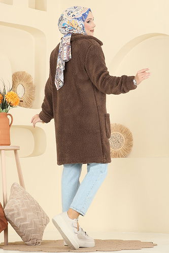 moda selvim Önden Düğmeli Peluş Kap 6053TEG847 Kahve - Thumbnail