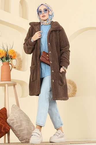 moda selvim Önden Düğmeli Peluş Kap 6053TEG847 Kahve - Thumbnail