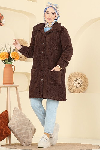 moda selvim Önden Düğmeli Peluş Kap 6053TEG847 Kahve - Thumbnail