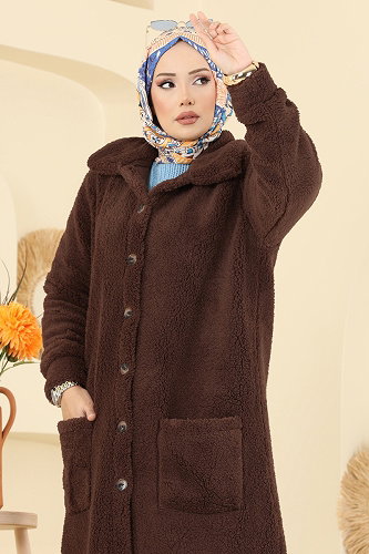 moda selvim Önden Düğmeli Peluş Kap 6053TEG847 Kahve - Thumbnail