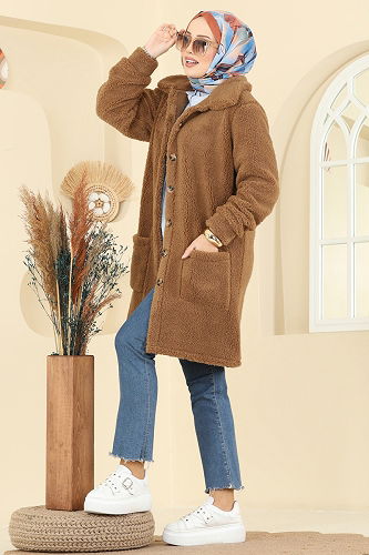 moda selvim Önden Düğmeli Peluş Kap 6053TEG847 Taba - Thumbnail