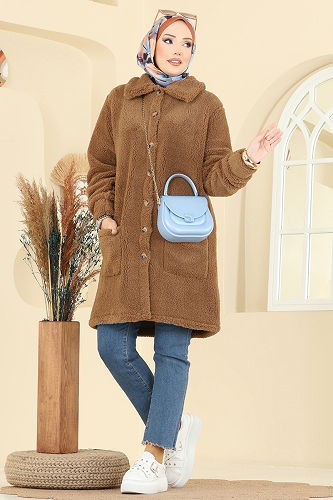 moda selvim Önden Düğmeli Peluş Kap 6053TEG847 Taba - Thumbnail