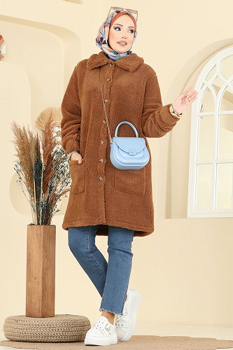 moda selvim Önden Düğmeli Peluş Kap 6053TEG847 Taba - Thumbnail