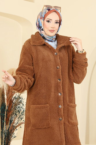 moda selvim Önden Düğmeli Peluş Kap 6053TEG847 Taba - Thumbnail