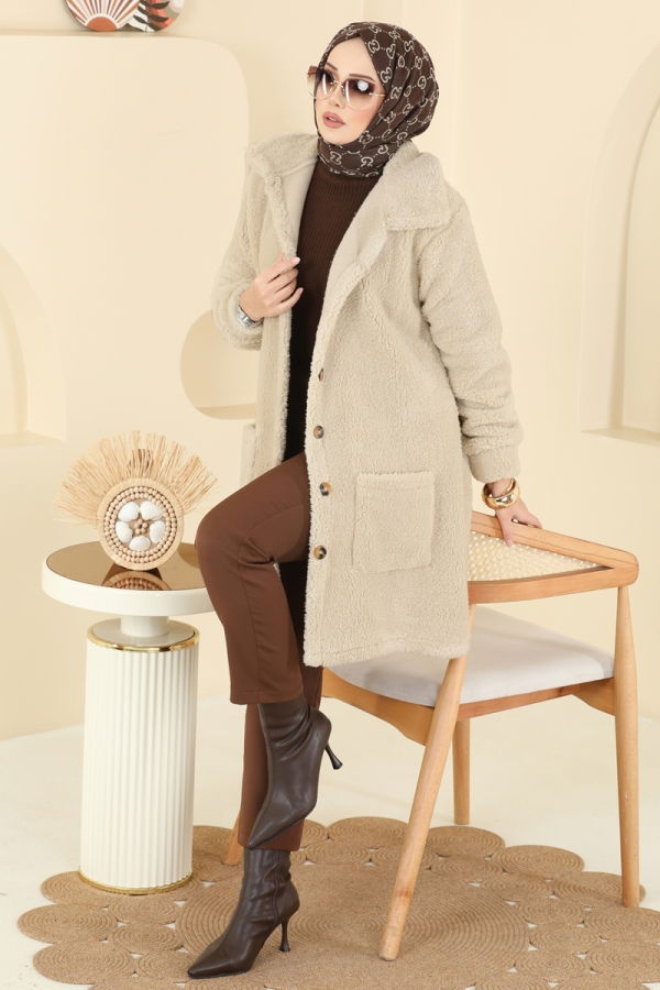 Modaselvim Kap / Kaban Önden Düğmeli Peluş Kap 6053TEG847 Taş