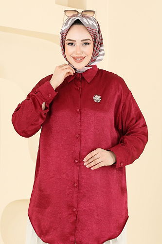 moda selvim Önden Düğmeli Saten Gömlek 5296NFC1010 Bordo - Thumbnail