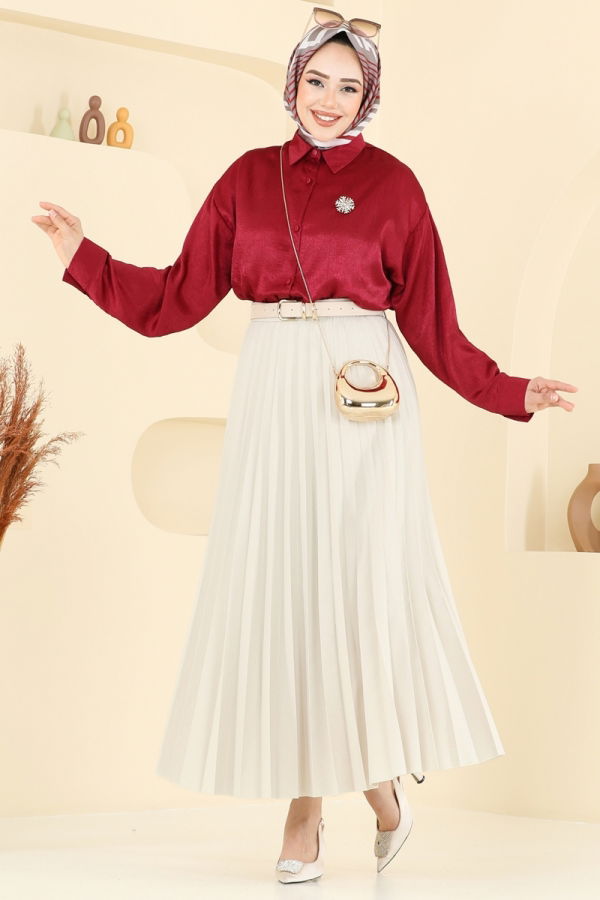 Modaselvim Bluz ve Gömlek Önden Düğmeli Saten Gömlek 5296NFC1010 Bordo