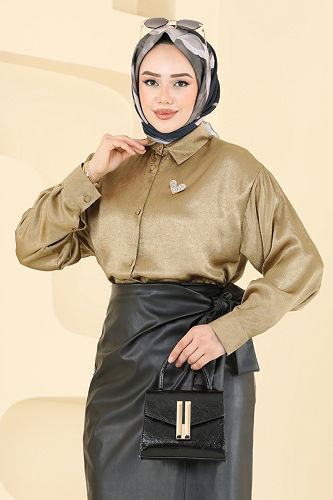 moda selvim Önden Düğmeli Saten Gömlek 5296NFC1010 Koyu Vizyon - Thumbnail