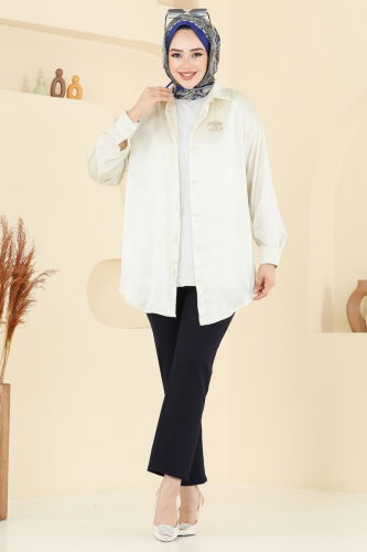 moda selvim Önden Düğmeli Saten Gömlek 5296NFC1010 Taş - Thumbnail