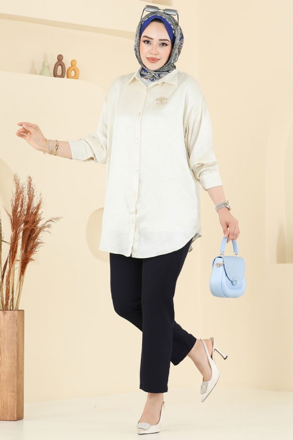 Modaselvim Bluz ve Gömlek Önden Düğmeli Saten Gömlek 5296NFC1010 Taş