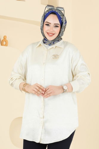 moda selvim Önden Düğmeli Saten Gömlek 5296NFC1010 Taş - Thumbnail