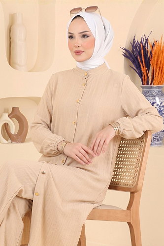 moda selvim Önden Düğmeli Şık Takım 014ZMRK1203 Krem - Thumbnail