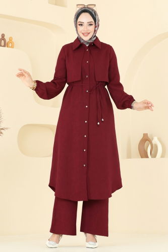 moda selvim Önden Düğmeli Sofia Takım 2674SL432 Bordo - Thumbnail