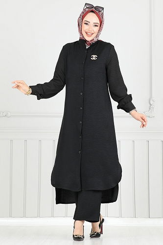 moda selvim Önden Düğmeli Sofia Takım 407DVL817 Siyah - Thumbnail