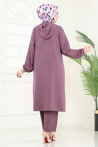 moda selvim Önden Düğmeli Takım 145HBS856 Koyu Lila - Thumbnail