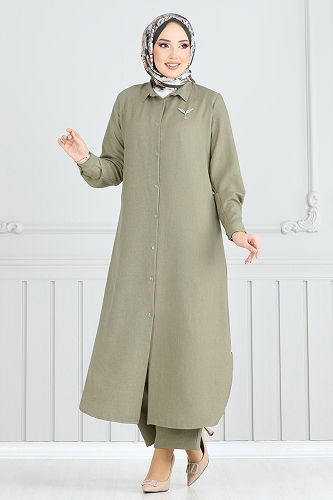 moda selvim Önden Düğmeli Takım 808OZN1046 Çağla - Thumbnail