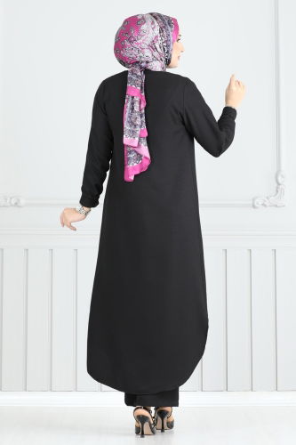 moda selvim Önden Düğmeli Takım 808OZN1046 Siyah - Thumbnail
