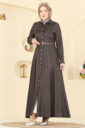 moda selvim Önden Düğmeli Tensel Elbise 4116FVN1181 Kahve - Thumbnail