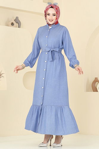 moda selvim Önden Düğmeli Tensel Kot Elbise 308HBS856 Açık Kot - Thumbnail